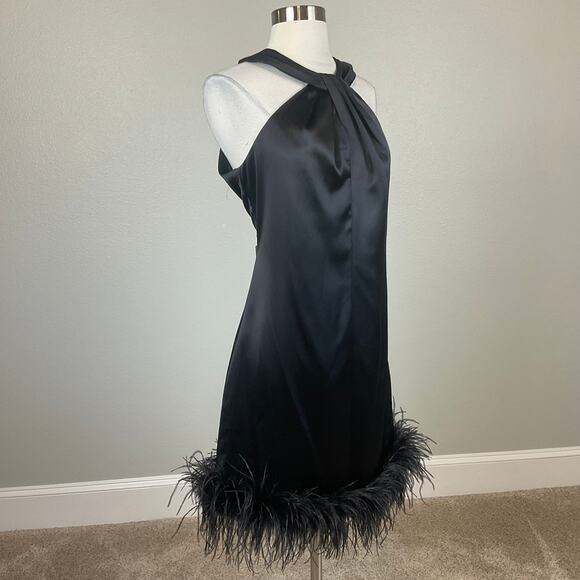 Eliza J Black Satin Feather Trimmed Sleeveless Mini Shift Cocktail Dress Size 10 - Picture 2 of 12